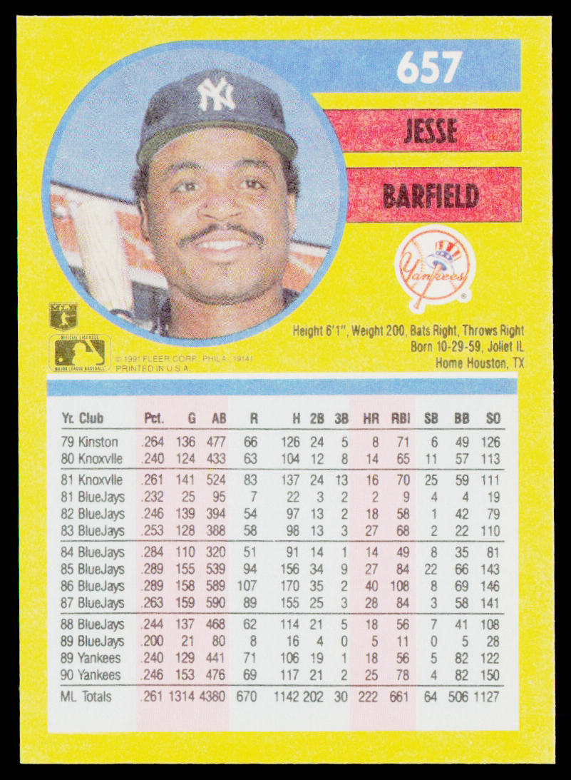 Jesse Barfield 1991 Fleer #657a New York Yankees