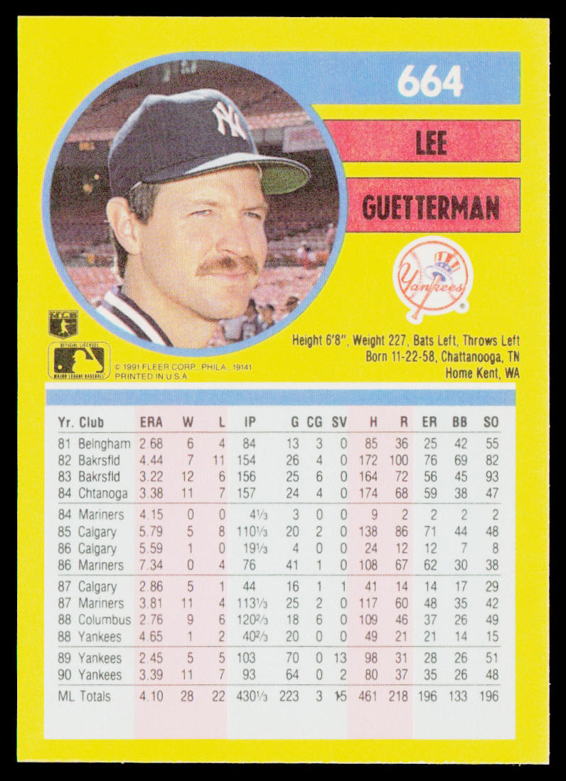 Lee Guetterman 1991 Fleer #664 New York Yankees