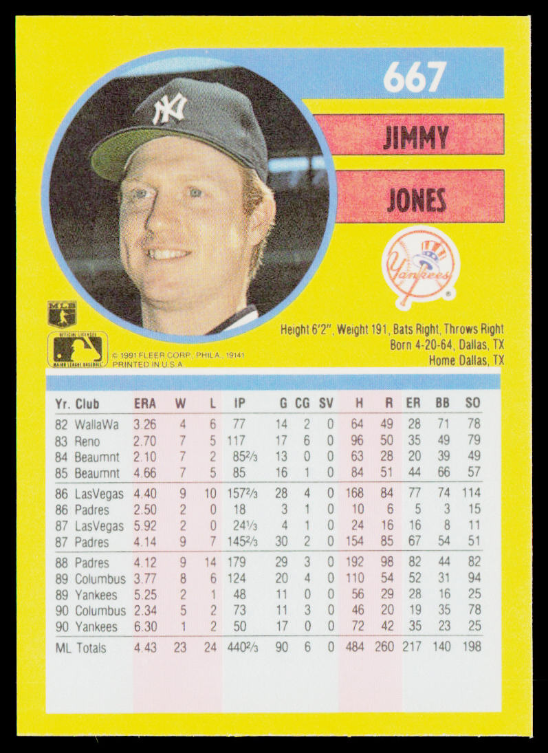Jimmy Jones 1991 Fleer #667a New York Yankees