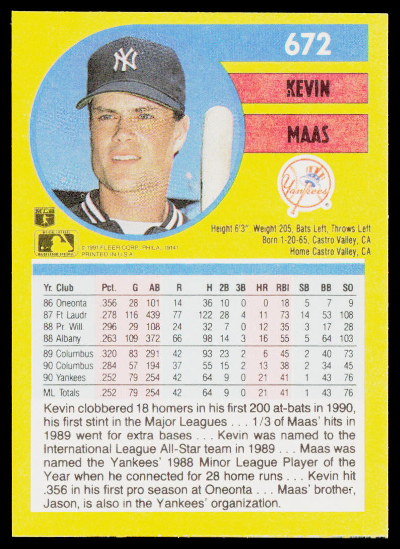 Kevin Maas 1991 Fleer #672a New York Yankees