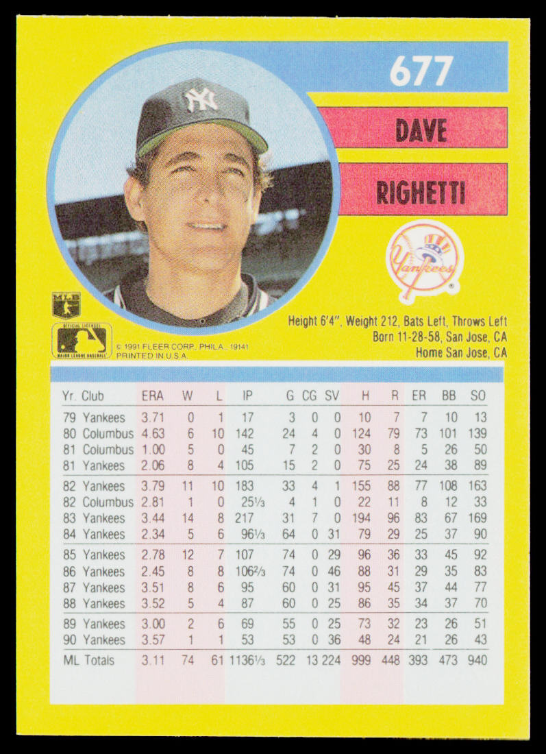Dave Righetti 1991 Fleer #677 New York Yankees