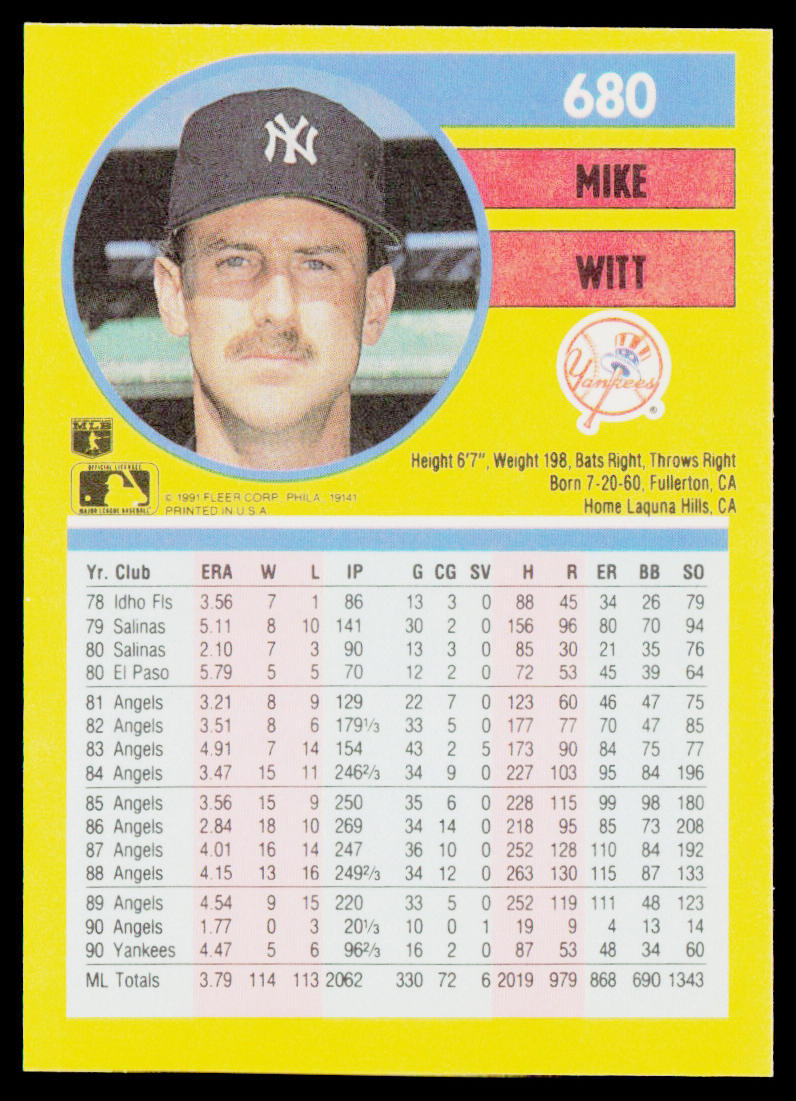Mike Witt 1991 Fleer #680a New York Yankees