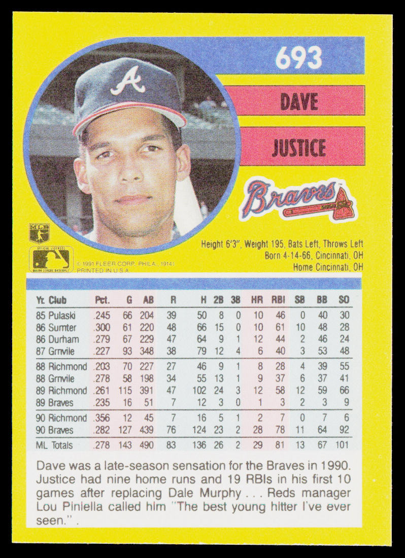 Dave Justice 1991 Fleer #693b Atlanta Braves