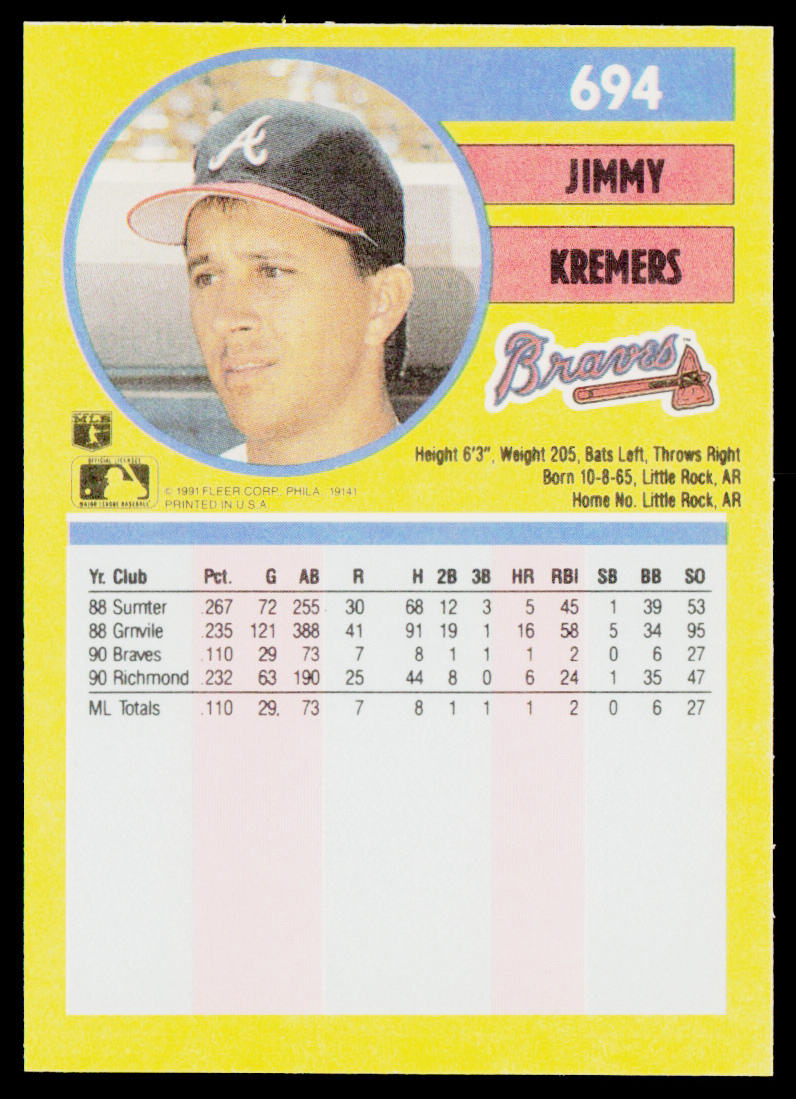 Jimmy Kremers 1991 Fleer #694b Atlanta Braves