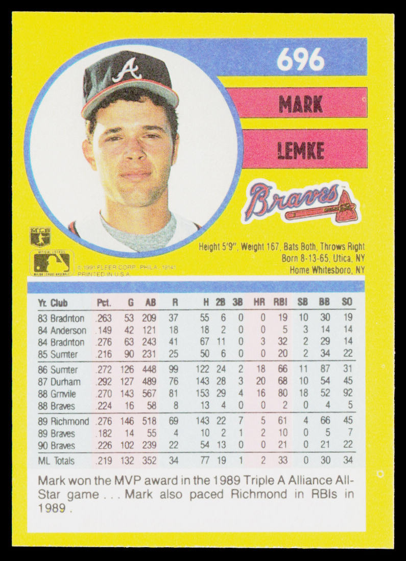 Mark Lemke 1991 Fleer #696b Atlanta Braves