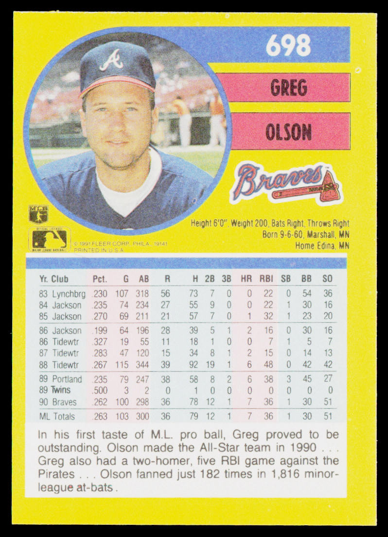 Greg Olson 1991 Fleer #698b Atlanta Braves