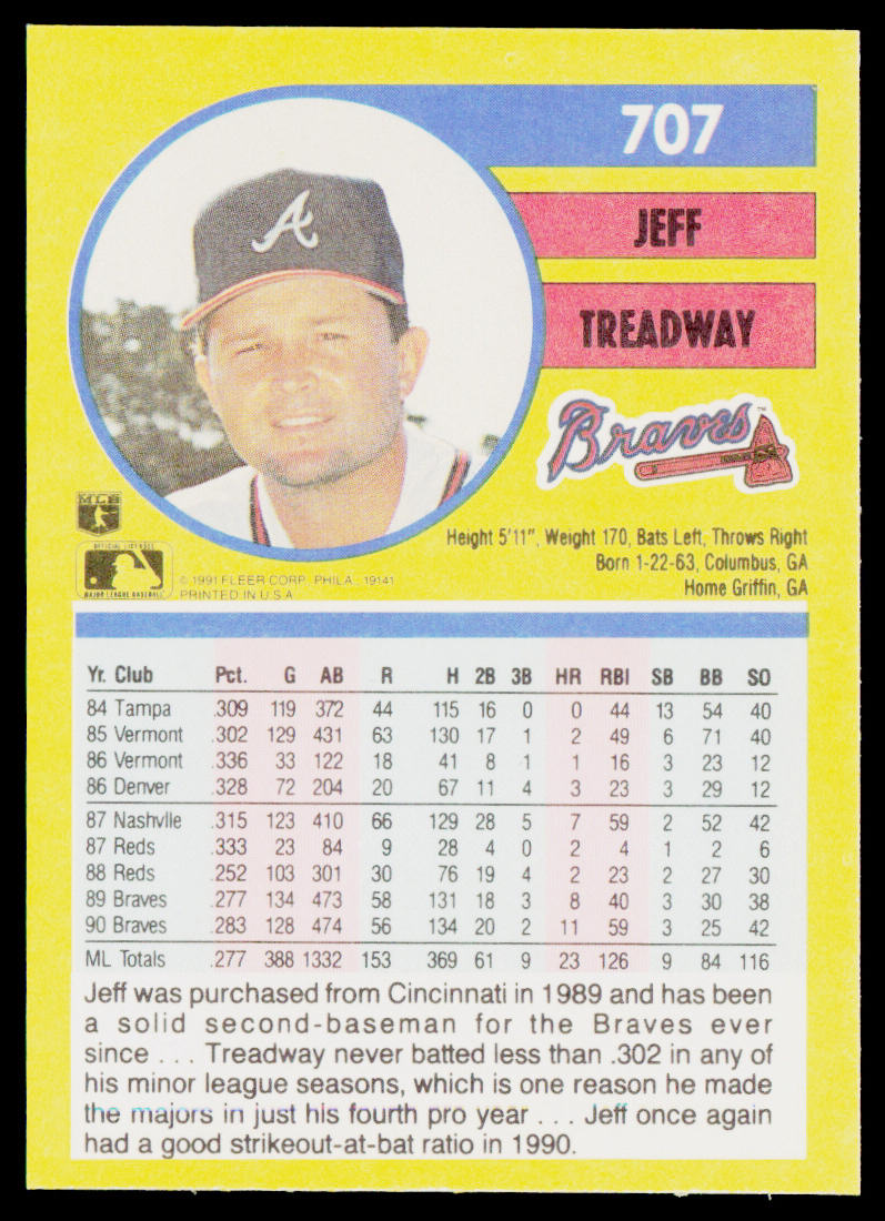 Jeff Treadway 1991 Fleer #707b Atlanta Braves