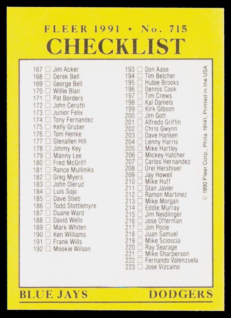 Checklist: White Sox / Mets / Blue Jays / Dodgers 1991 Fleer #715a