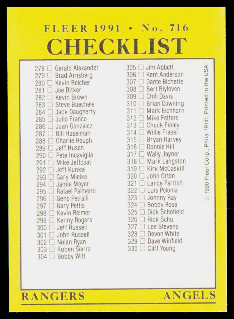 Checklist: Expos / Giants / Rangers / Angels 1991 Fleer #716b
