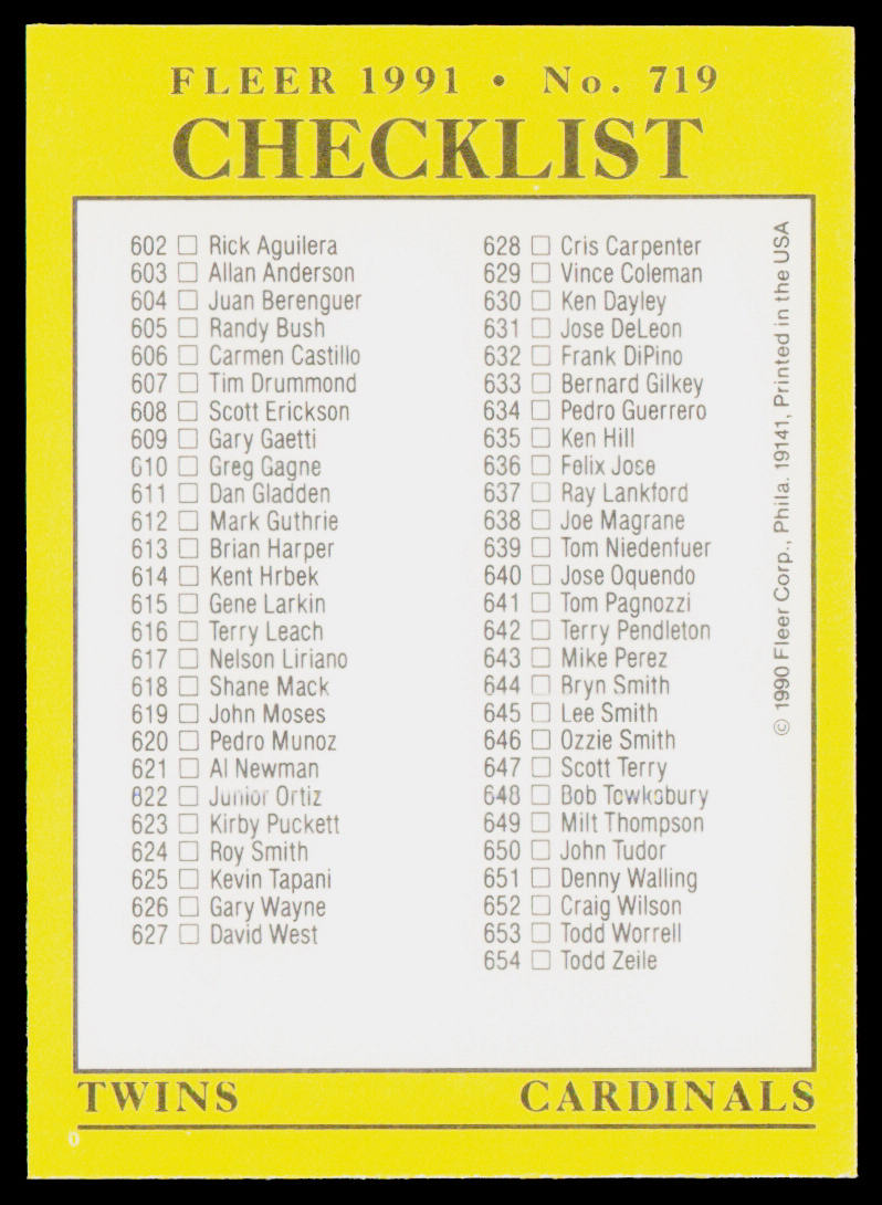 Checklist: Royals / Brewers / Twins / Cardinals 1991 Fleer #719a