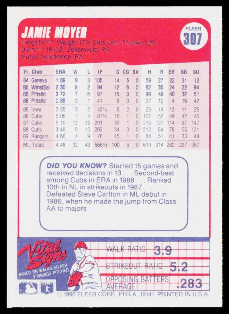 Jamie Moyer 1990 Fleer #307 Texas Rangers