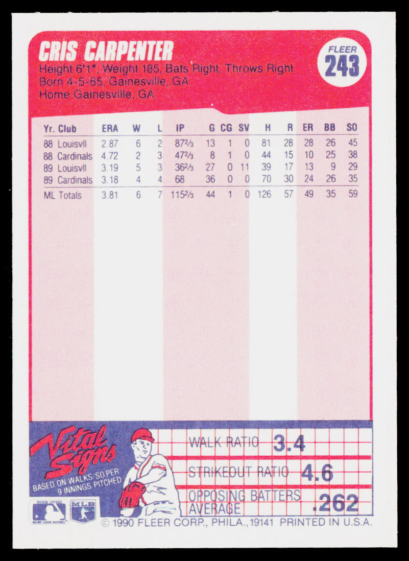 Cris Carpenter 1990 Fleer #243 St. Louis Cardinals