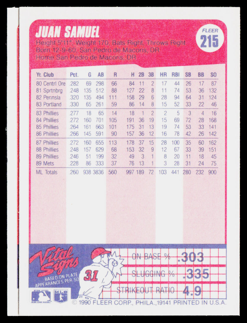 Juan Samuel 1990 Fleer #215b New York Mets