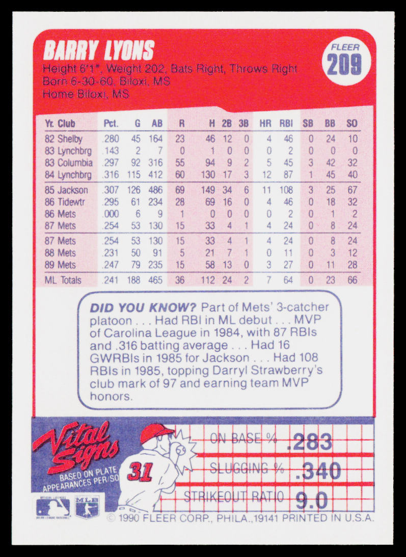 Barry Lyons 1990 Fleer #209 New York Mets