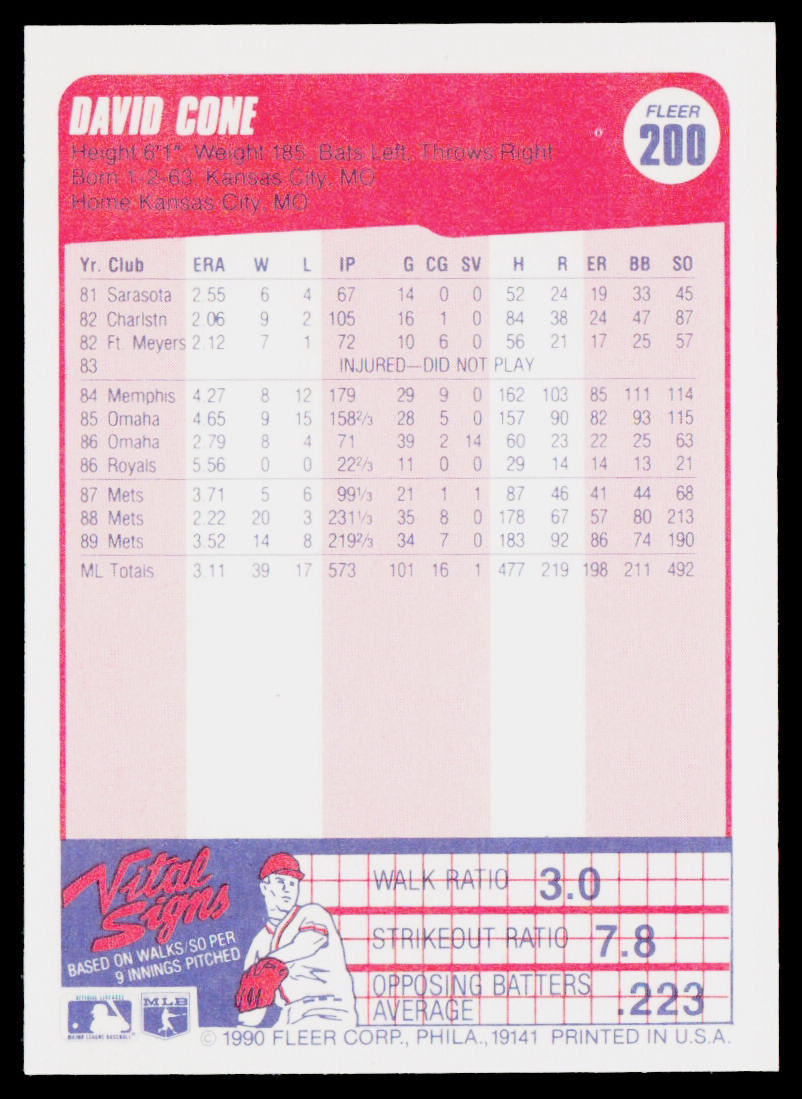 David Cone 1990 Fleer #200b New York Mets