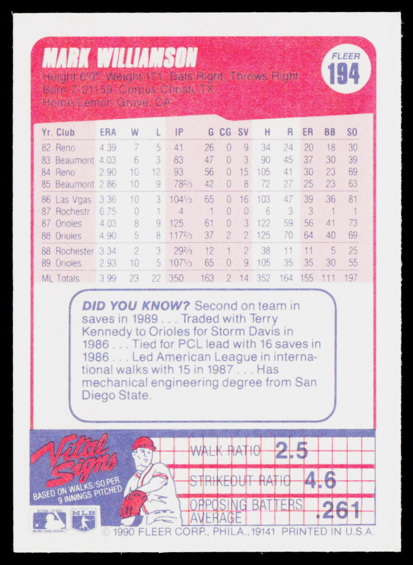 Mark Williamson 1990 Fleer #194 Baltimore Orioles