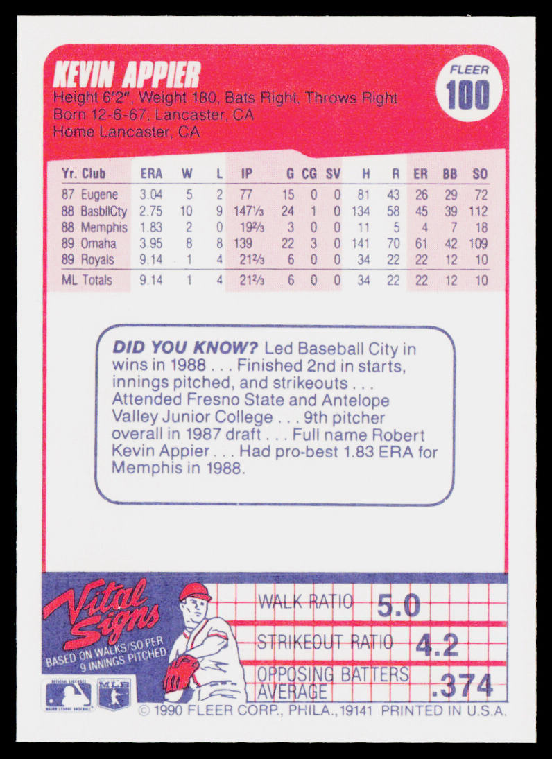 Kevin Appier 1990 Fleer #100 RC Kansas City Royals
