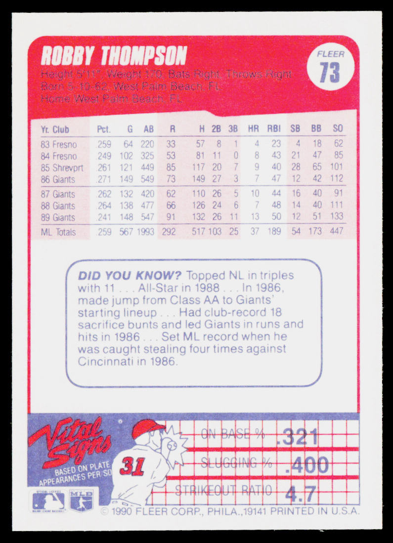Robby Thompson 1990 Fleer #73b San Francisco Giants
