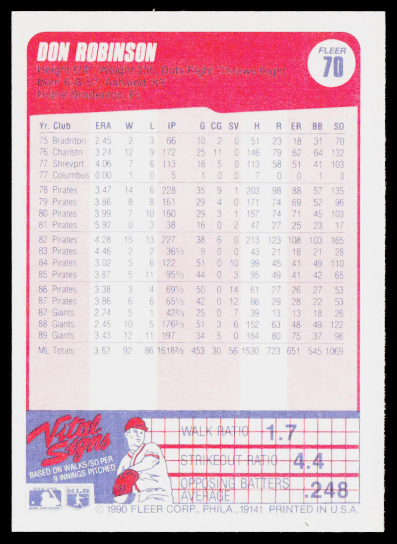 Don Robinson 1990 Fleer #70b San Francisco Giants