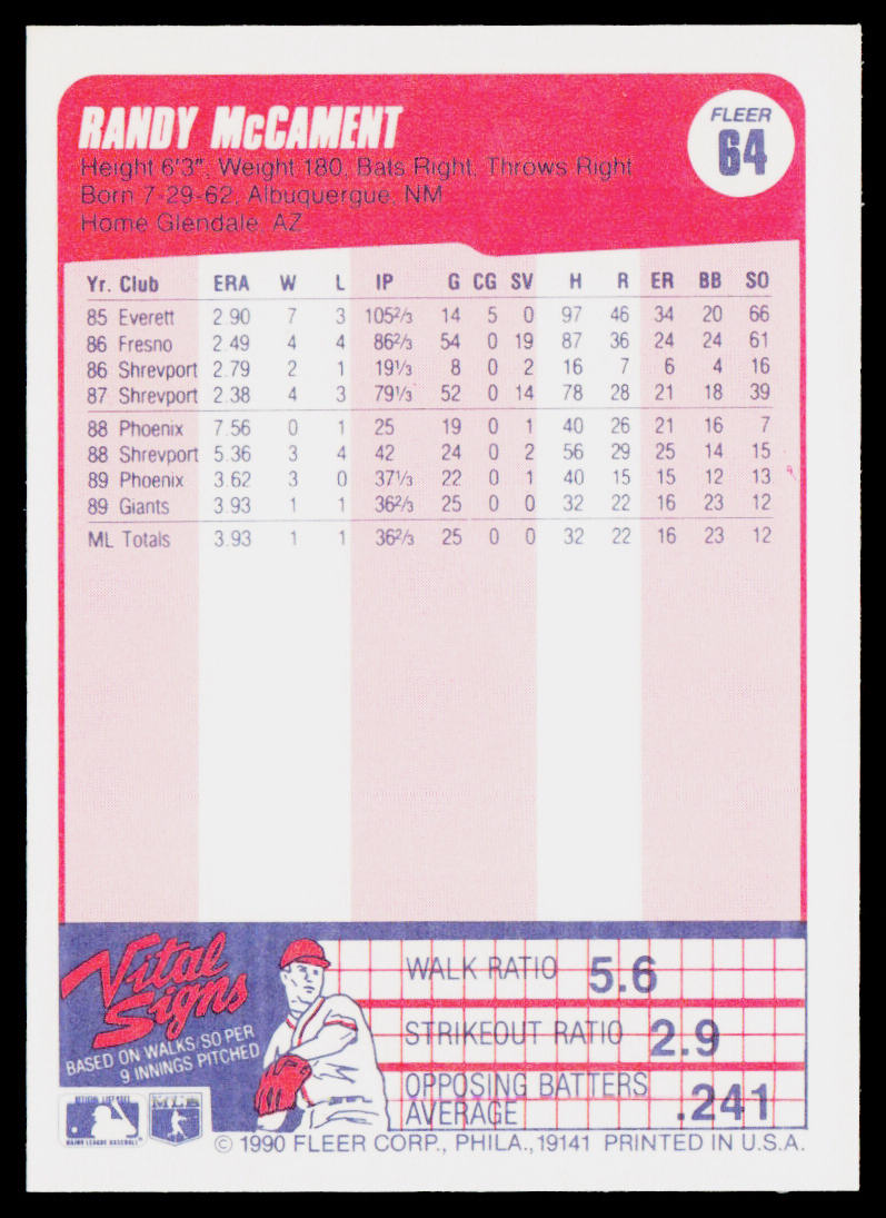 Randy McCament 1990 Fleer #64 RC San Francisco Giants