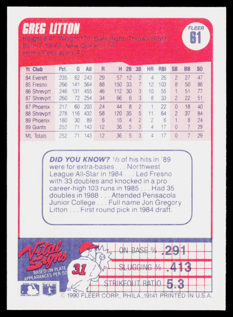 Greg Litton 1990 Fleer #61b San Francisco Giants