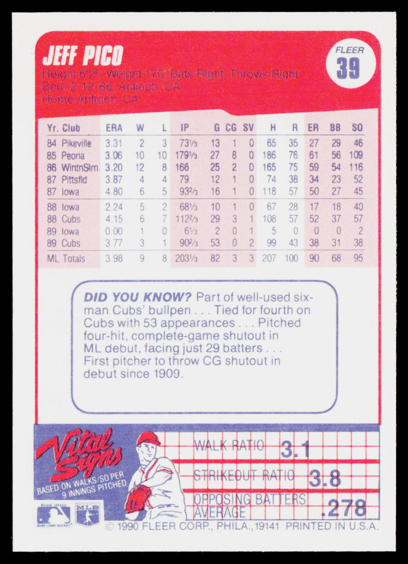 Jeff Pico 1990 Fleer #39 Chicago Cubs