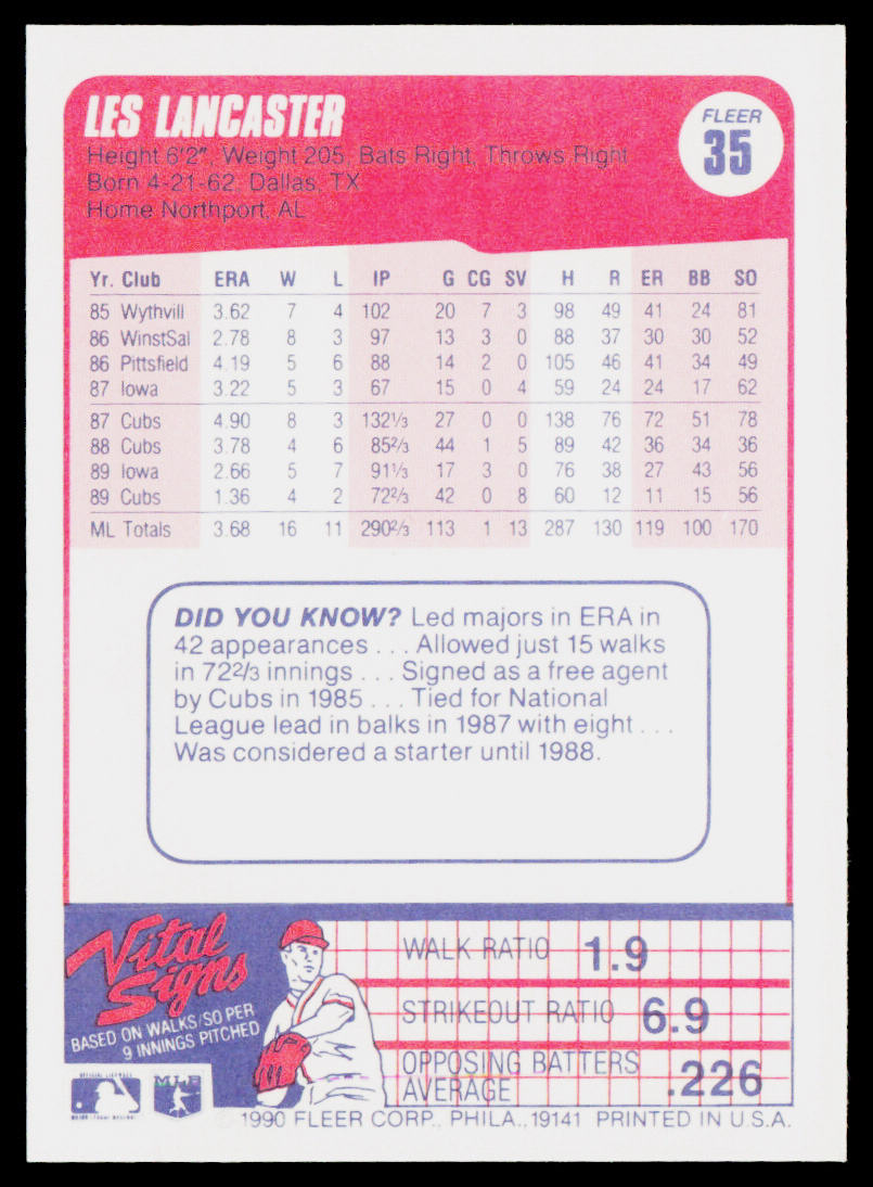 Les Lancaster 1990 Fleer #35 Chicago Cubs