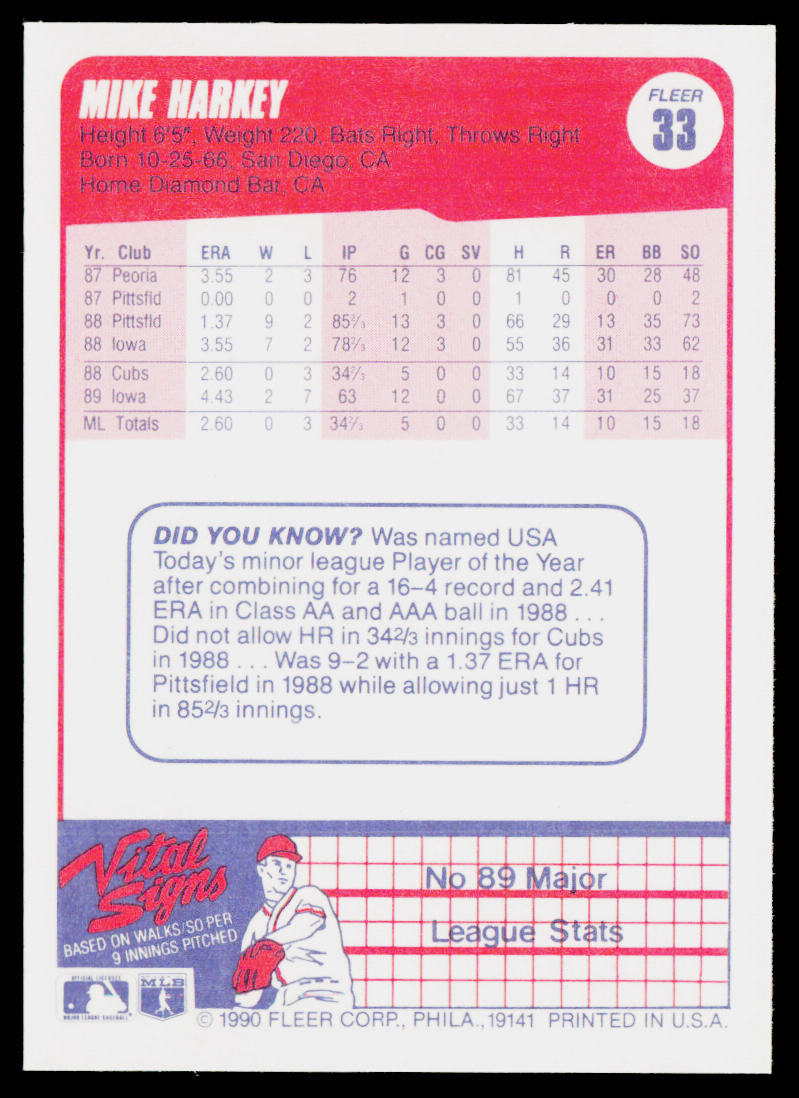 Mike Harkey 1990 Fleer #33b Chicago Cubs