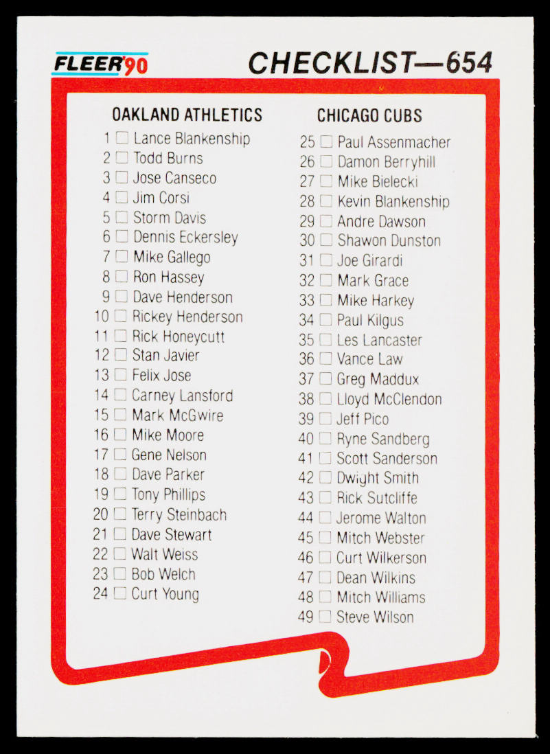 Checklist: Mets / Astros / Cardinals / Red Sox CL 1990 Fleer #656