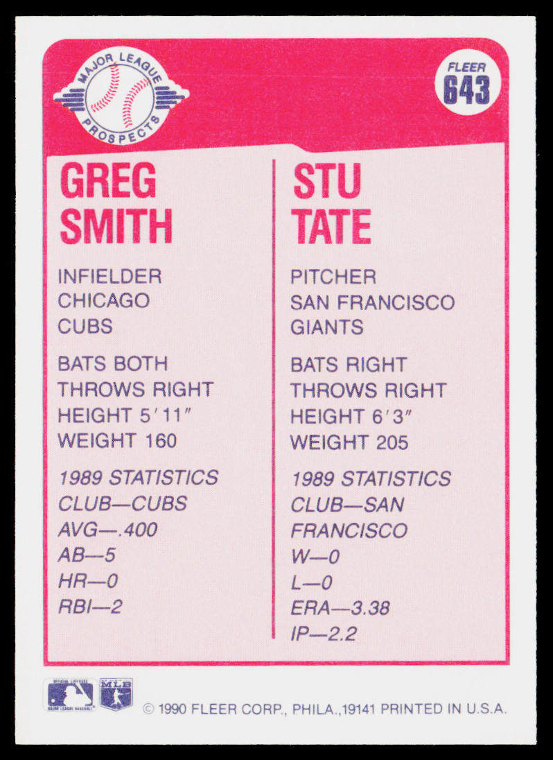 Greg Smith / Stu Tate MLP, RC 1990 Fleer #643 RC