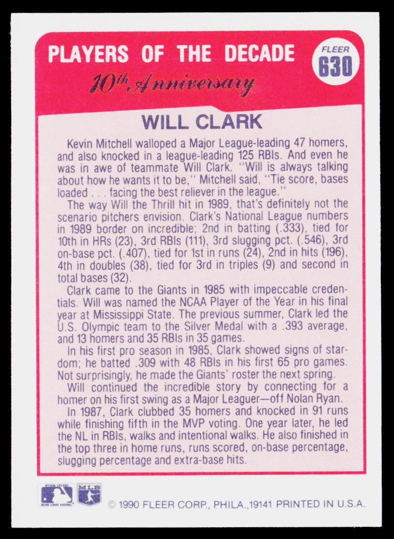Will Clark 1990 Fleer #630c San Francisco Giants