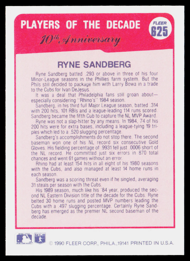 Ryne Sandberg 1990 Fleer #625 Chicago Cubs