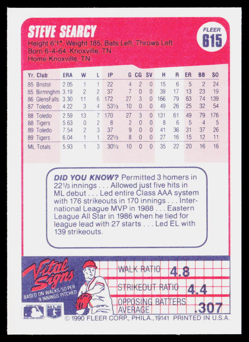 Steve Searcy 1990 Fleer #615b Detroit Tigers