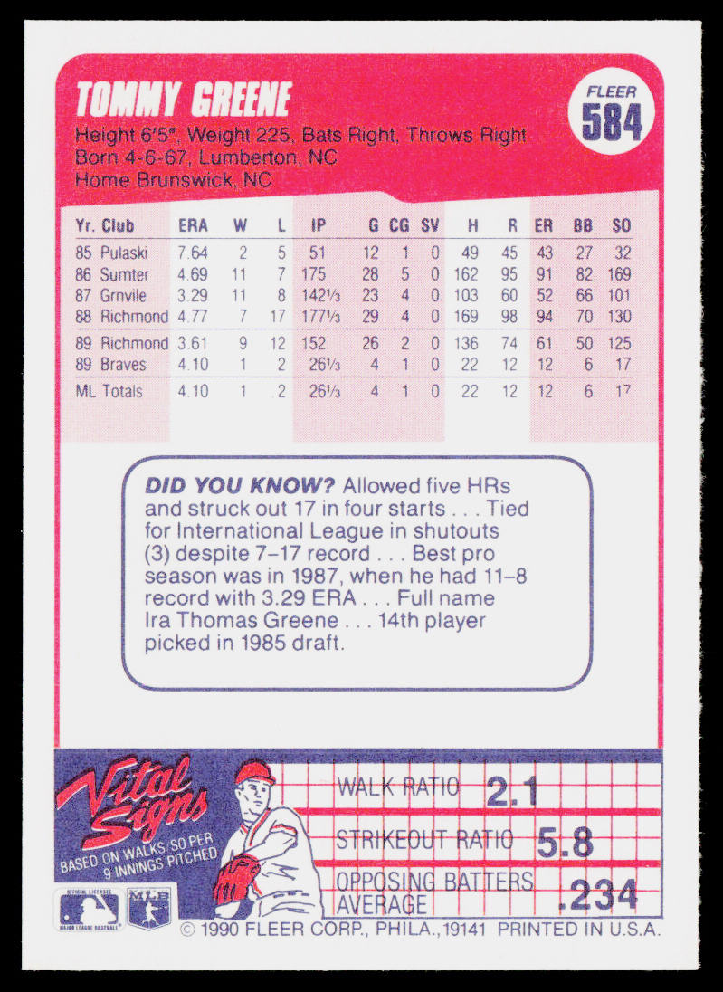 Tommy Greene 1990 Fleer #584 RC Atlanta Braves
