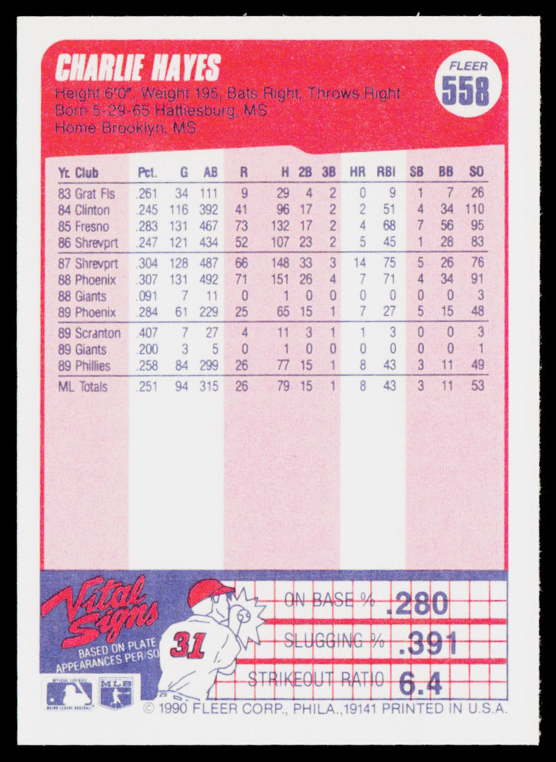 Charlie Hayes 1990 Fleer #558b Philadelphia Phillies