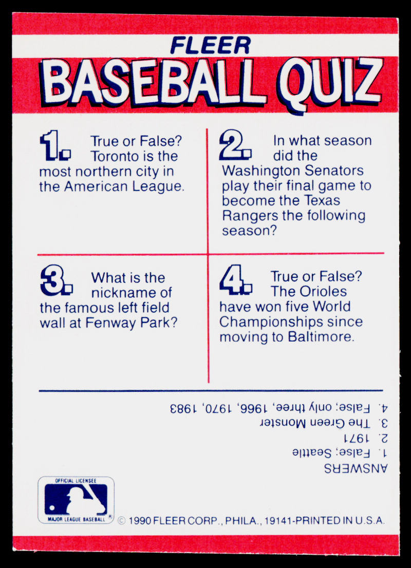 Rangers / Blue Jays / Orioles / Red Sox 1990 Fleer Team Stickers #NNO