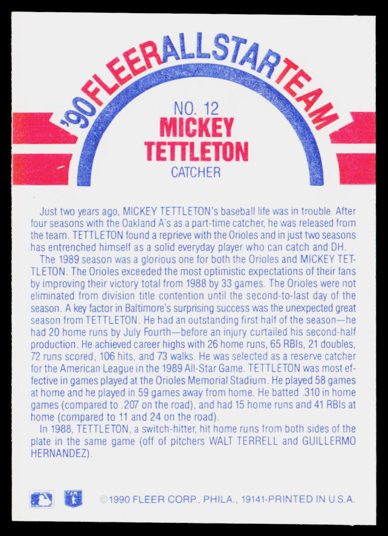 Mickey Tettleton 1990 Fleer '90 Fleer All-Star Team #12 Baltimore Orioles