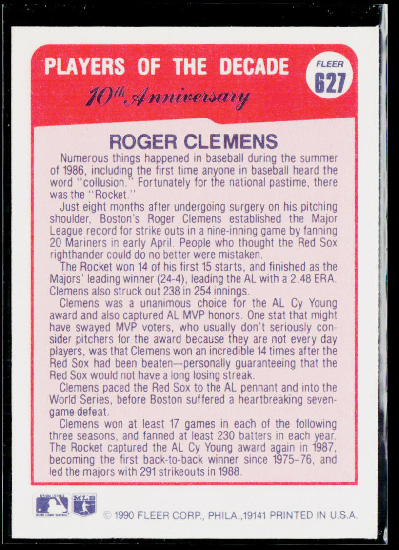 Roger Clemens 1990 Fleer #627b Boston Red Sox