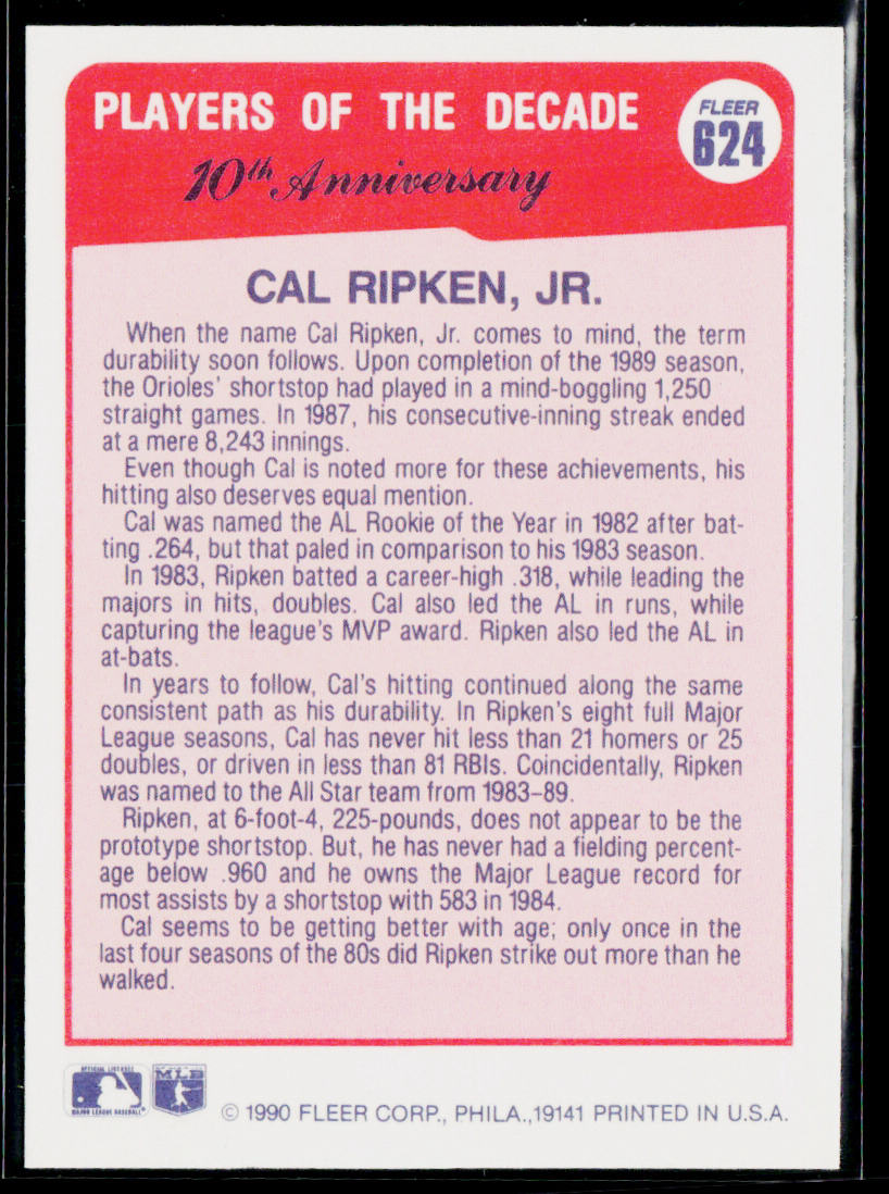 Cal Ripken, Jr. 1990 Fleer #624b Baltimore Orioles