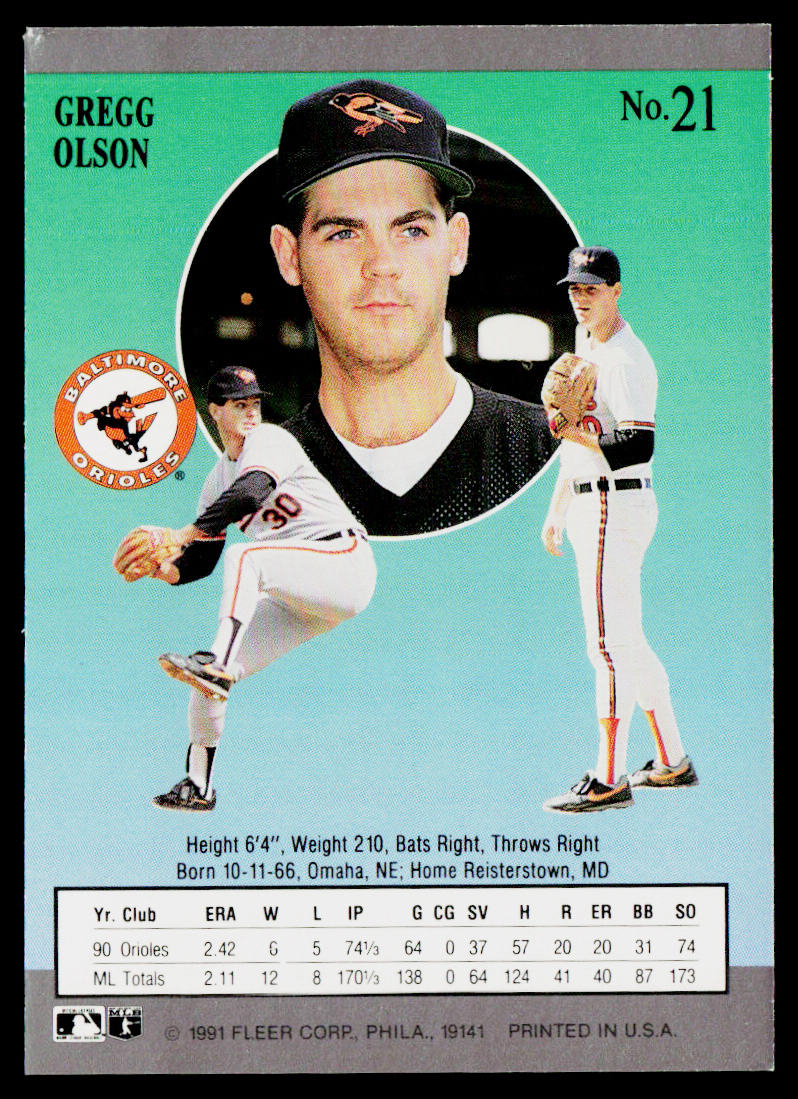 Gregg Olson 1991 Ultra #21 Baltimore Orioles