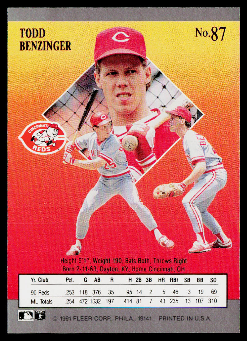 Todd Benzinger 1991 Ultra #87 Cincinnati Reds