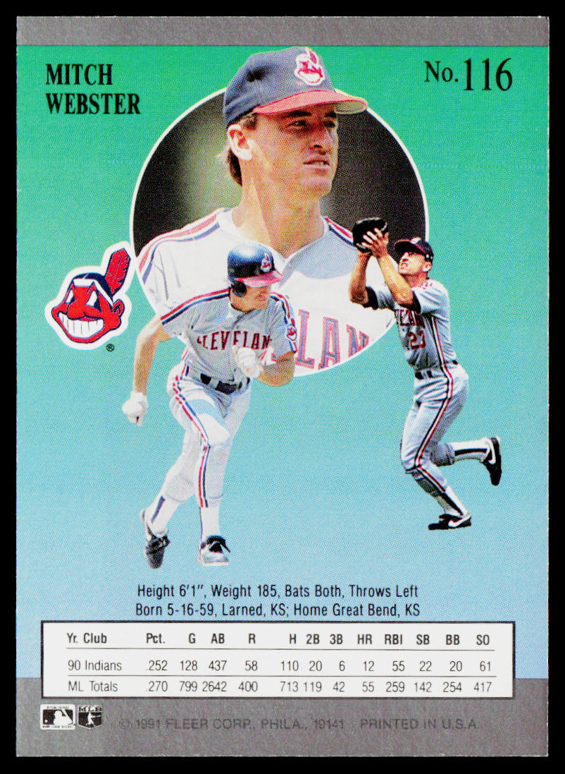 Mitch Webster 1991 Ultra #116b UER: card number should be 119 Cleveland Indians