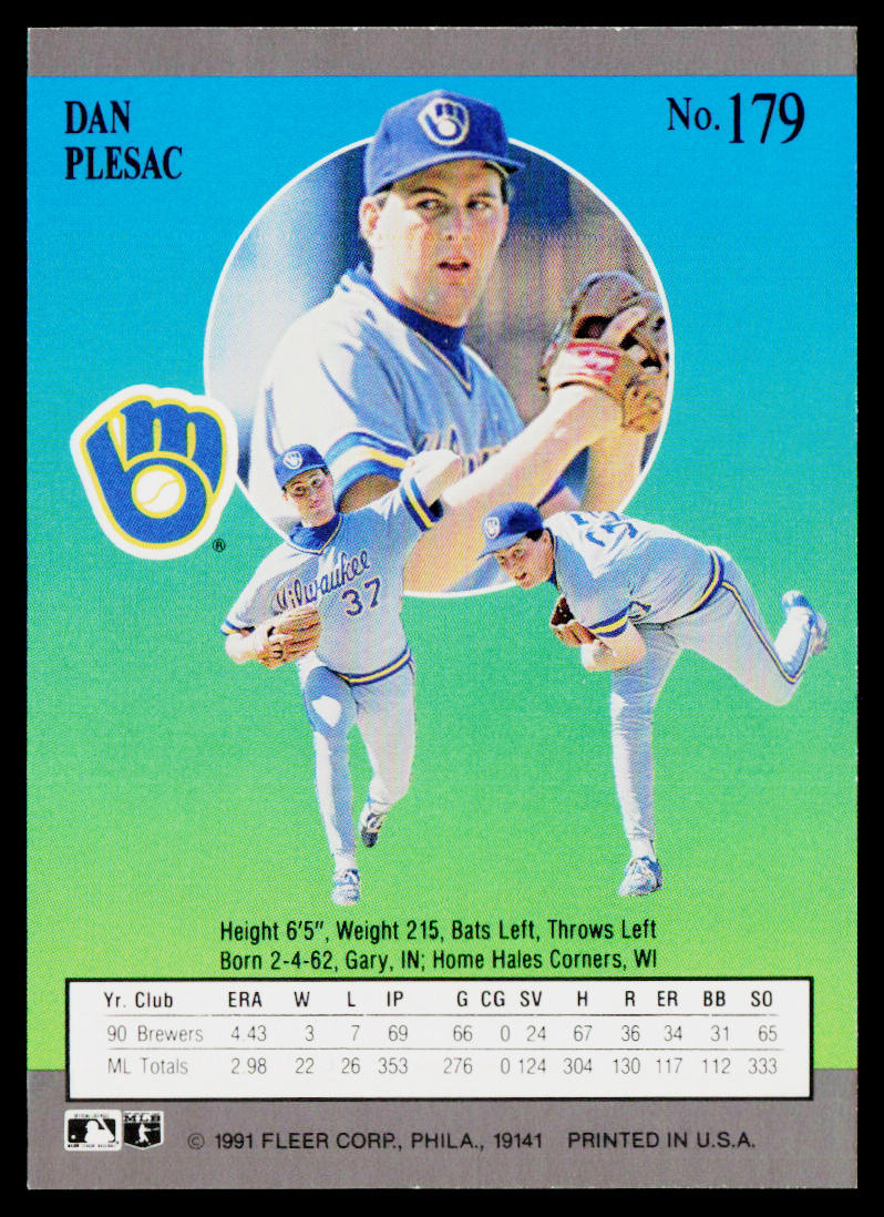 Dan Plesac 1991 Ultra #179 Milwaukee Brewers