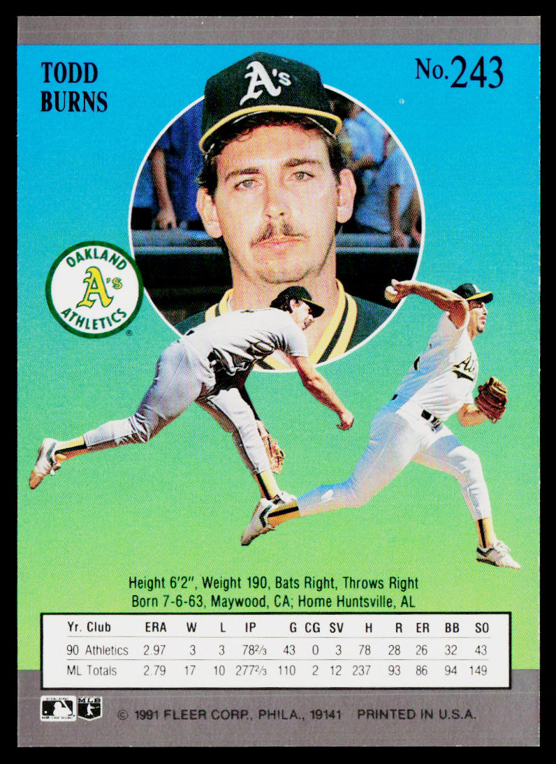 Todd Burns 1991 Ultra #243 Oakland Athletics