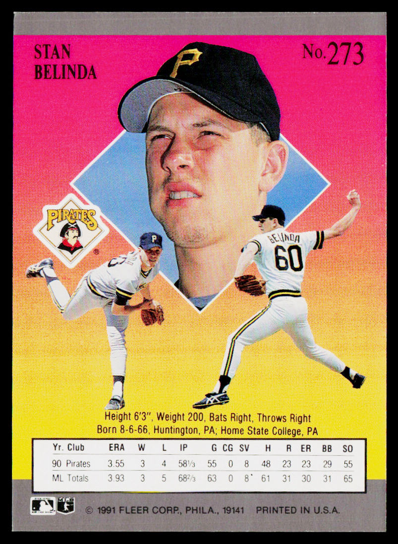 Stan Belinda 1991 Ultra #273 Pittsburgh Pirates