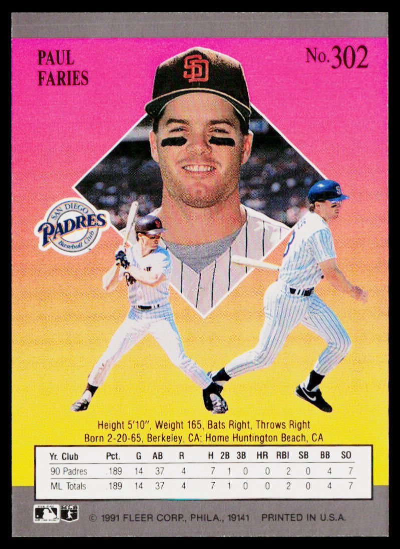Paul Faries 1991 Ultra #302 RC San Diego Padres