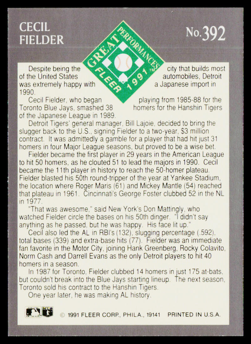 Cecil Fielder 1991 Ultra #392 Detroit Tigers