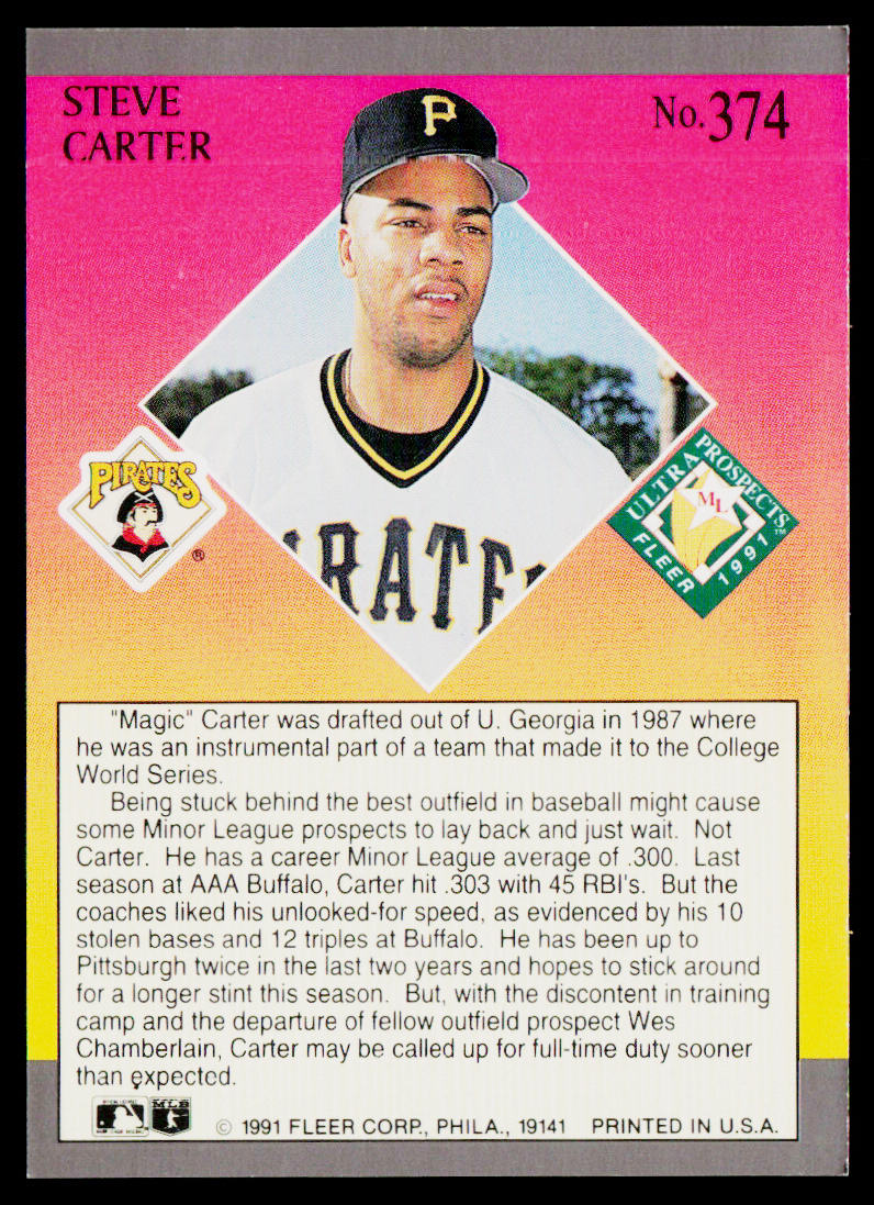 Steve Carter 1991 Ultra #374 Pittsburgh Pirates
