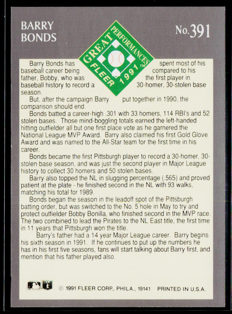 Barry Bonds 1991 Ultra #391 Pittsburgh Pirates