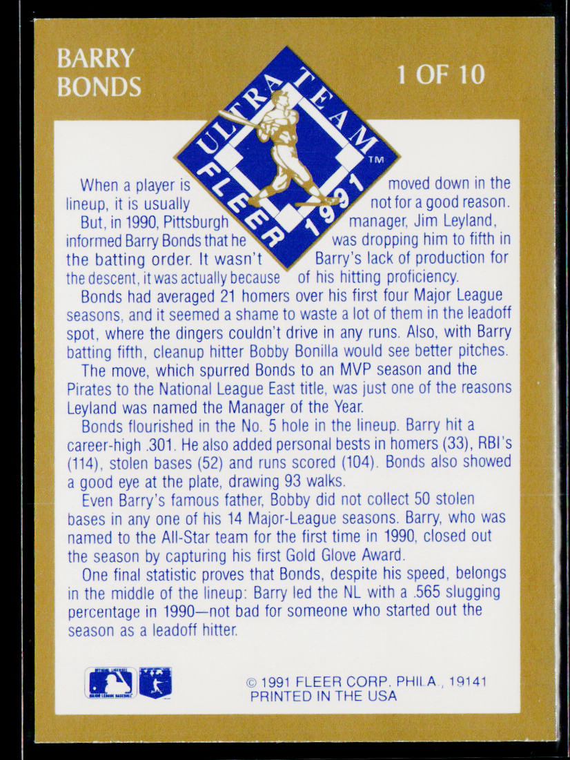 Barry Bonds 1991 Ultra Ultra Team (Ultra Gold) #1 Pittsburgh Pirates
